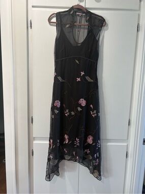 Women's Black Mesh Dress with Pink Floral Embroidery